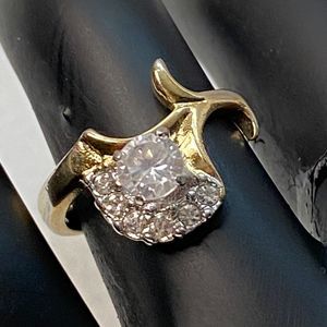 Fan Shaped Rhinestones Ring Encircling Round Faux Diamond Gold Tone Metal